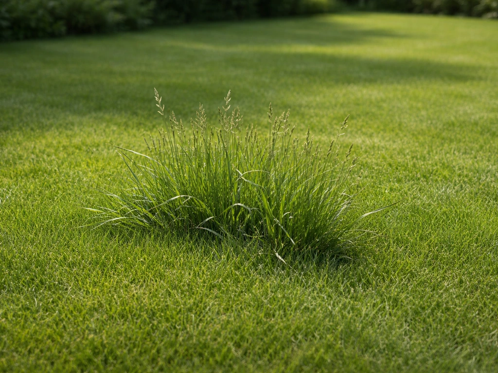 Egaal gemaaid gazon met duidelijke pollen en plukken wild gras die afsteken tegen het gras tapijt.