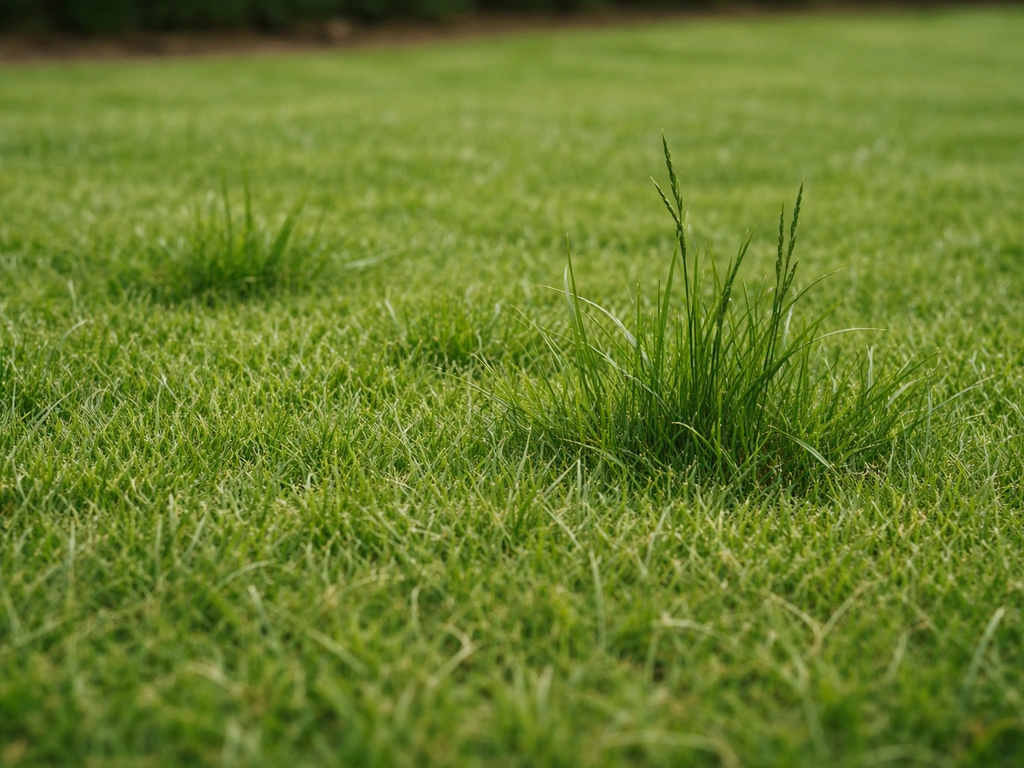 Close-up van een gemaaid gazon met duidelijk hogere plekjes wild gras tussen gelijkmatig gazongras.