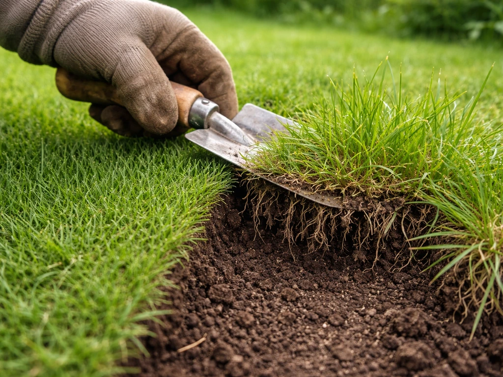 Close-up van hand die graszode oplicht: dicht gazongras naast polvormend wild gras met zichtbare wortelresten.