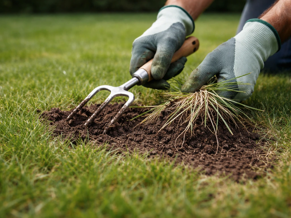 Handen in een gazon met een uitsteker en zichtbare kweek-rizomen die uit de grond worden getild.