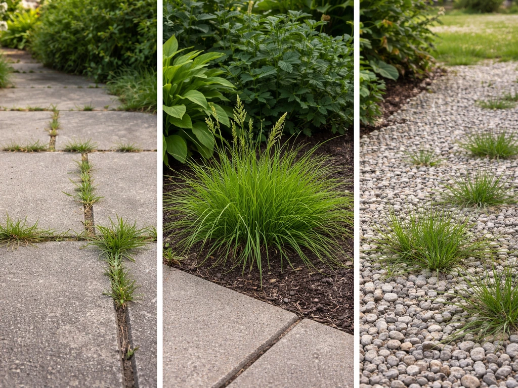 Drie tuinvoorbeelden in één foto: gras tussen tegels, gras in een border en gras in grindpad.
