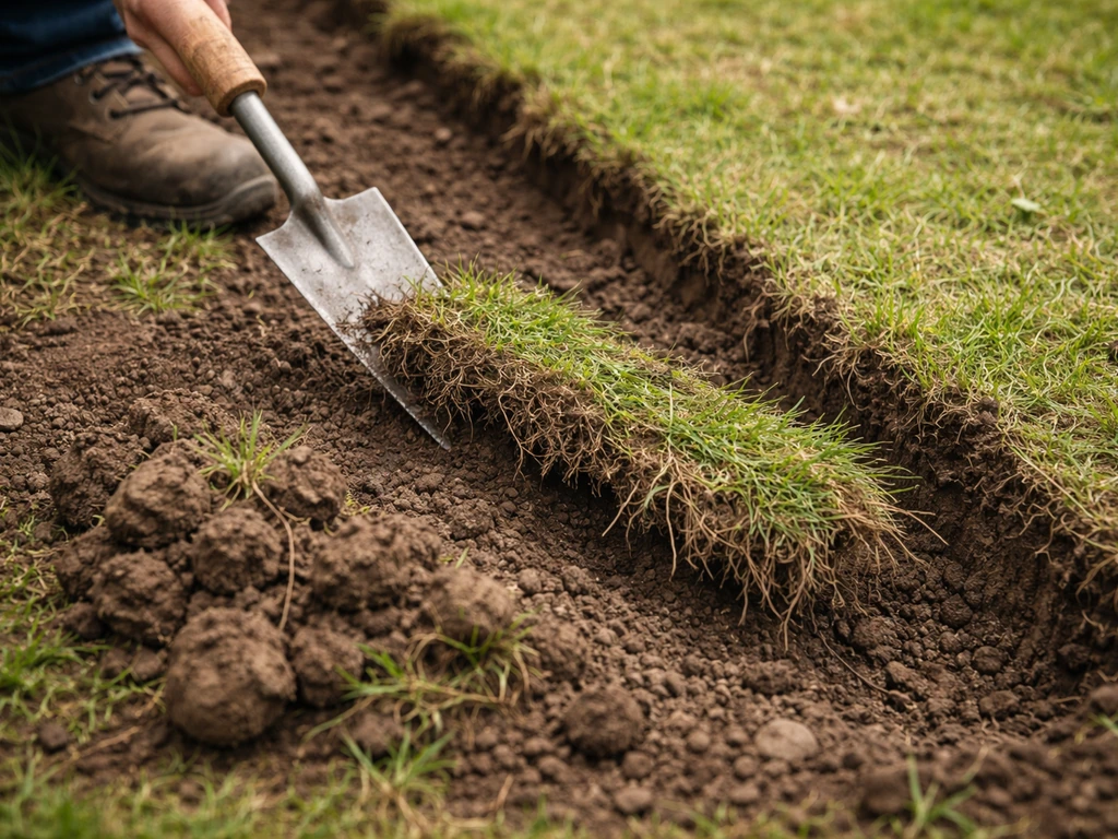 Close-up van mechanisch uitsteken van graswortels met greppelspade, met grondkluiten naast het gereedschap.