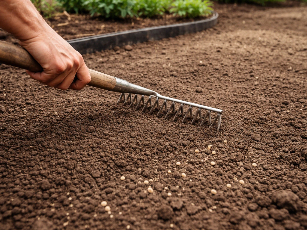 Hand die een losgemaakt stukje tuin egaliseert met een hark, klaar voor herinzaaien van gras.