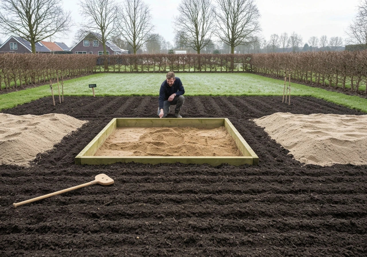 Voorjaar gazon met bruine herstelplekken door winter, open strook aarde en iemand die anoniem aan het bijwerken is.