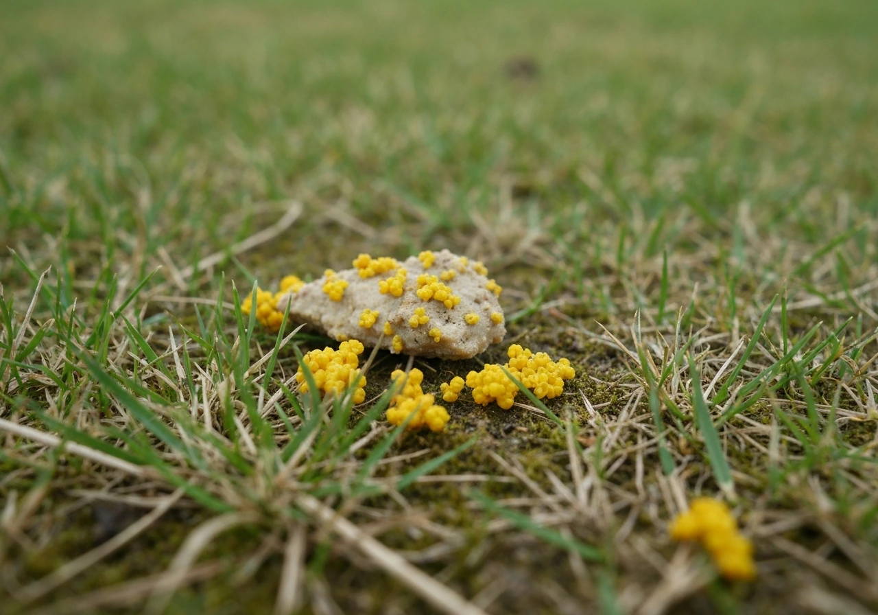 Close-up van gras met gele en bruinachtige plakken en een duidelijke rand, als voorbeeld van schade na de winter.