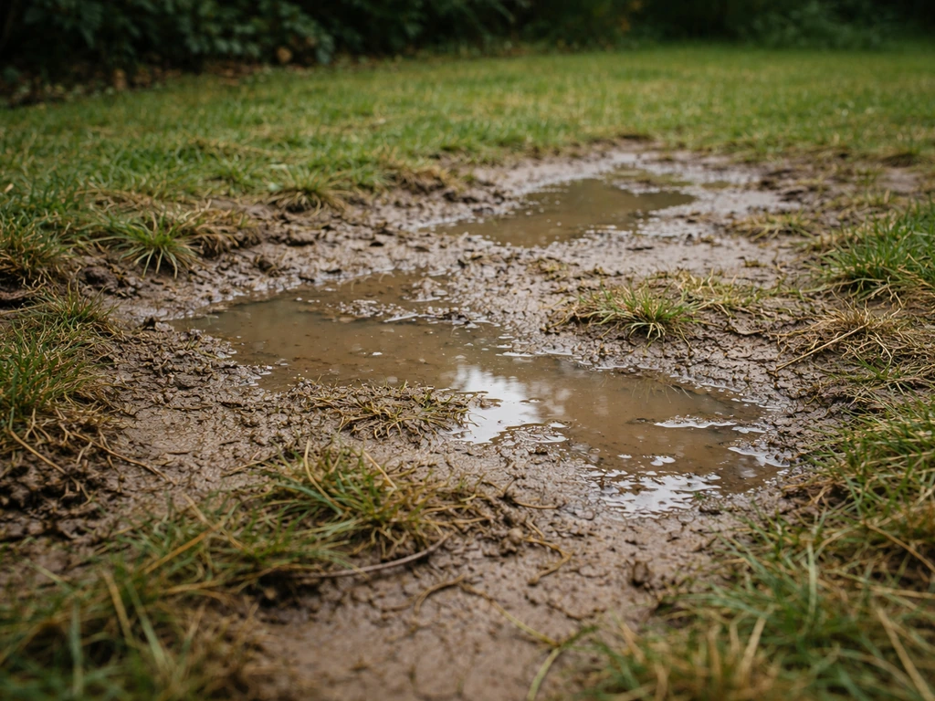 Natte tuinbodem met plassen en platgedrukt gras door slechte drainage en verdichting.