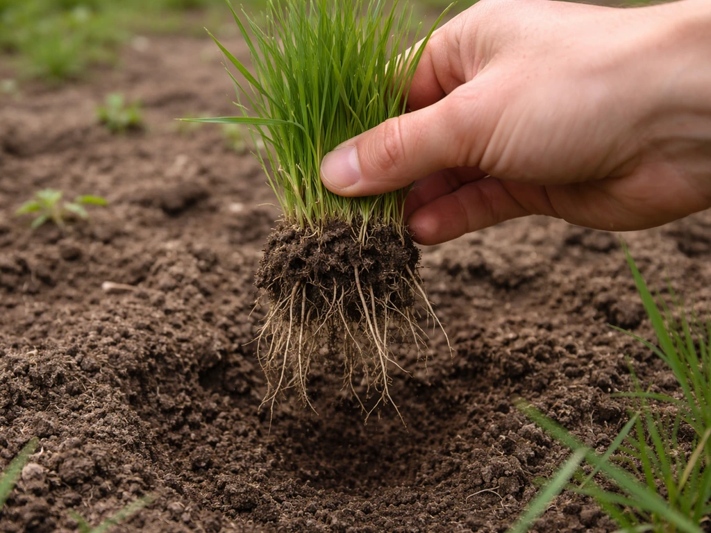 Close-up van een hand die een klein bosje gras uit de grond trekt om de wortels te controleren.