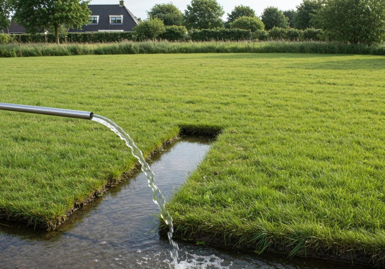 Tuinbesproeiing met sproeier die gericht water geeft op droog gazon, licht water geven als eerste stap.
