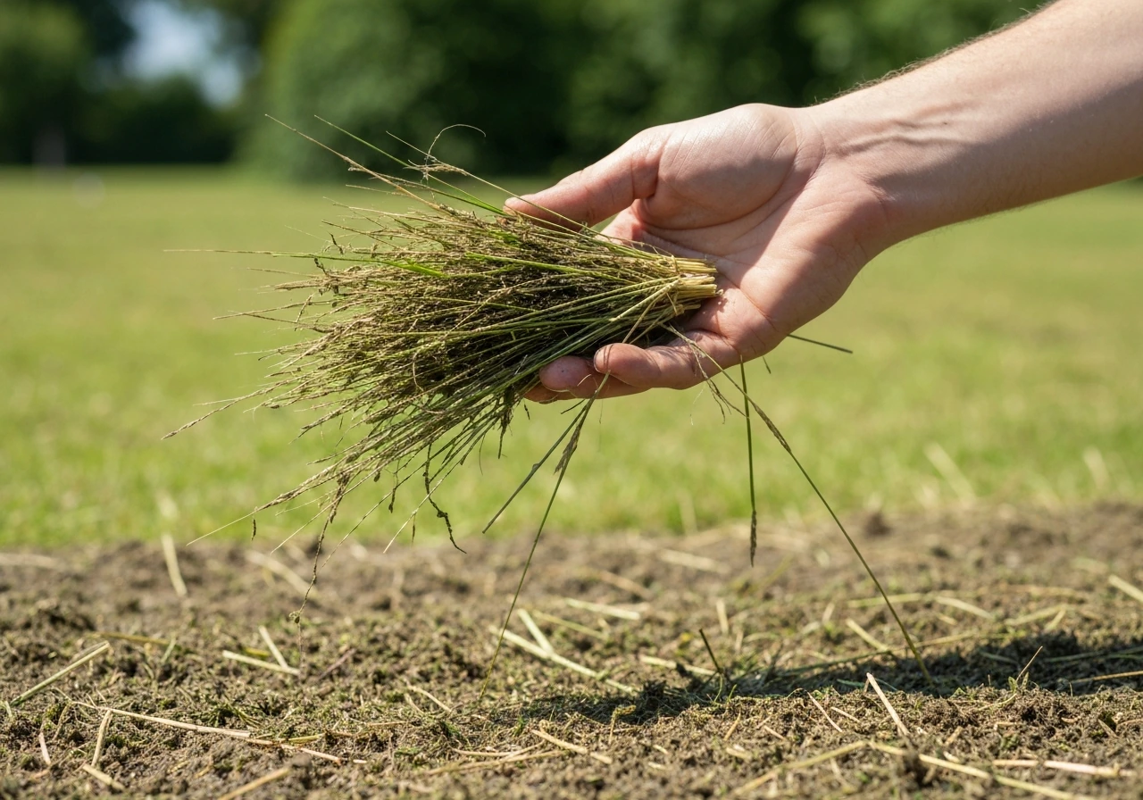 Hand strooit graszaad over net omgewoelde tuinbodem, met licht ingeharkt zaad op de grond.