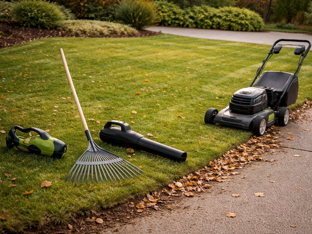 Natuurlijk gazon met anonieme onderhoudsgereedschappen en enkele bladeren als teken van seizoensnazorg.