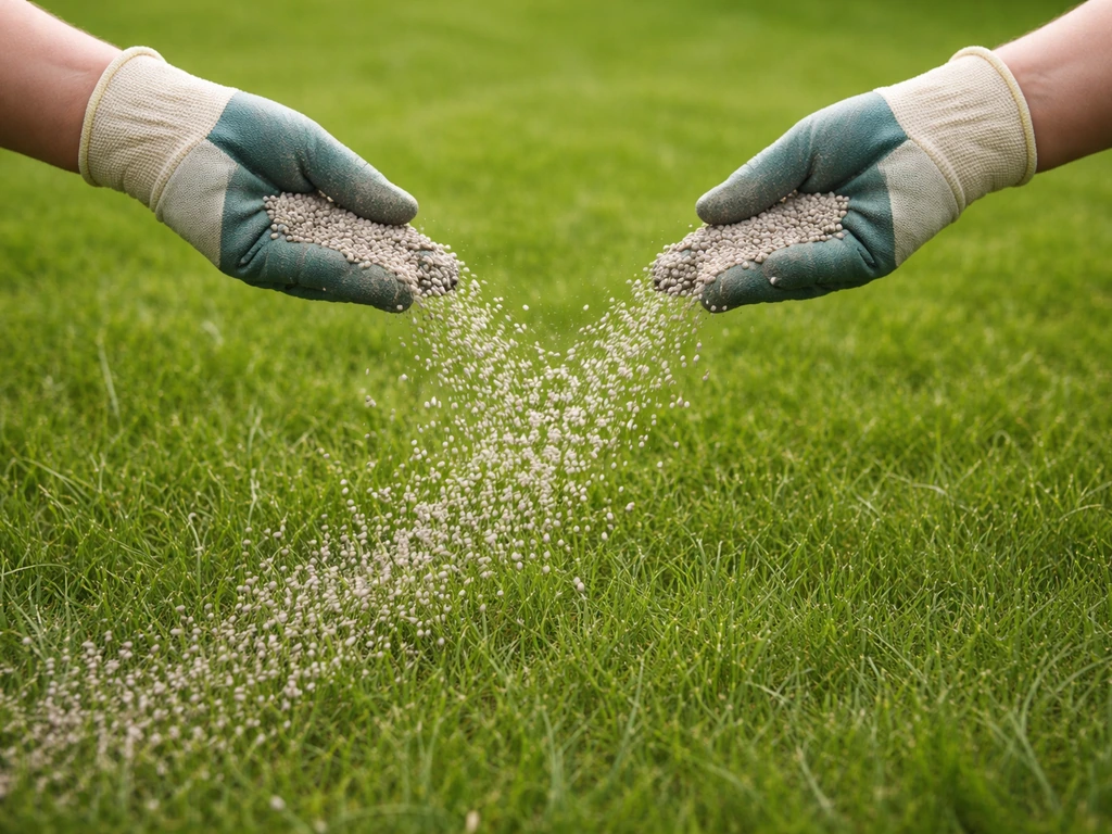 Geklis van korrelmest: handschoenen strooien gelijkmatig mestkorrels over een groen gazon.
