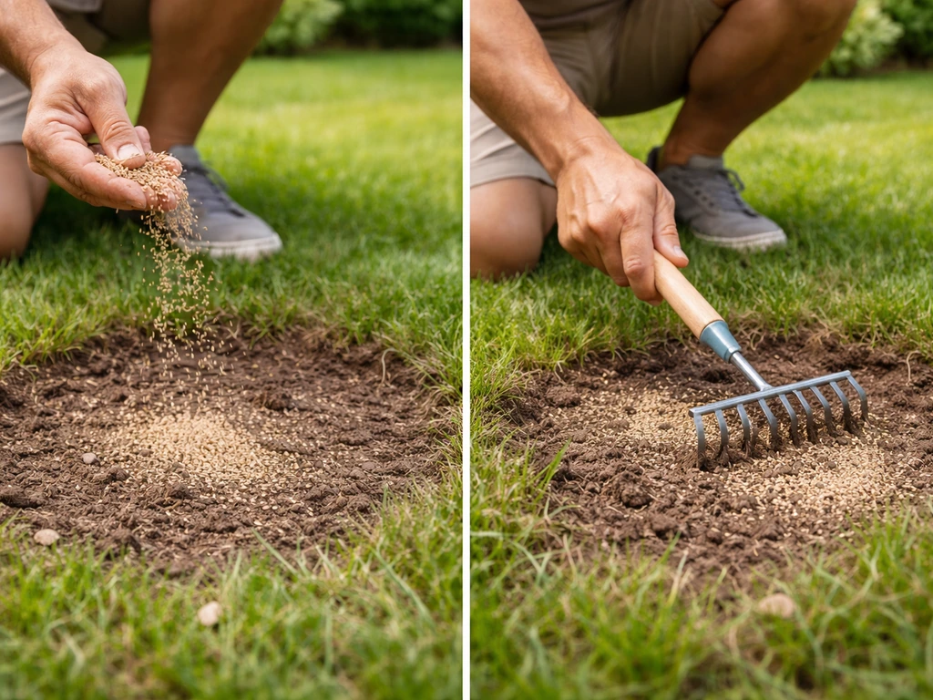 Close-up van iemand die graszaad uitstrooit en licht harkt op kale plekken in het gazon.