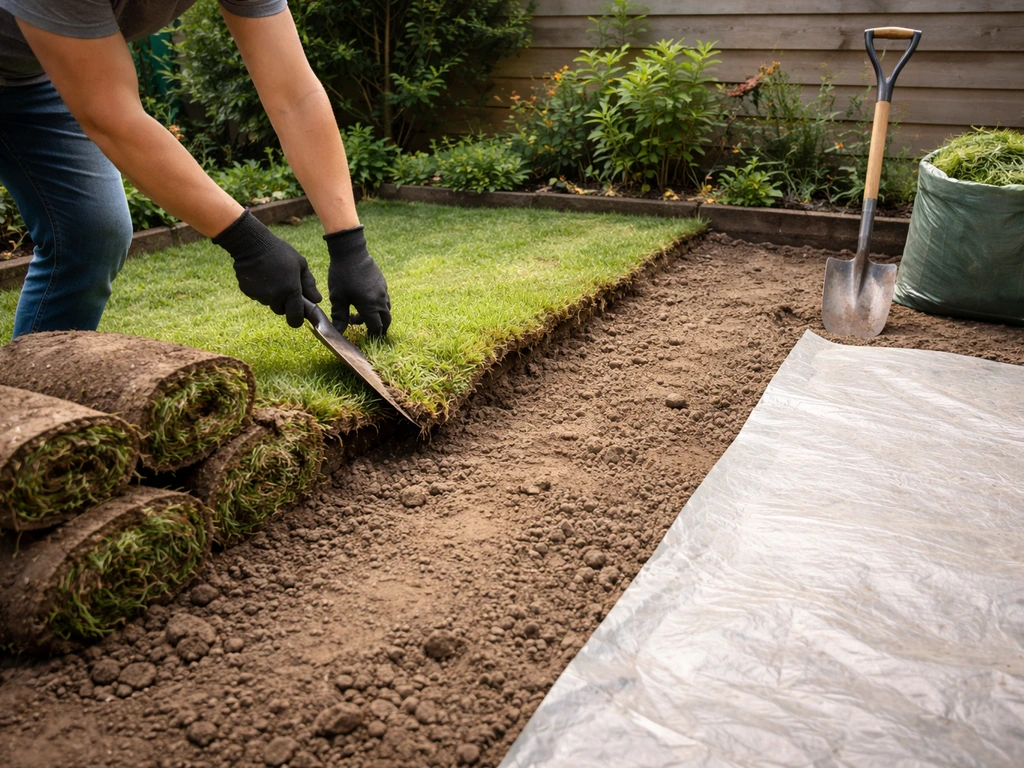 Handen die een strook gazon afplaggen in een Nederlandse tuin, met voorbereide bodem en afdekmateriaal.