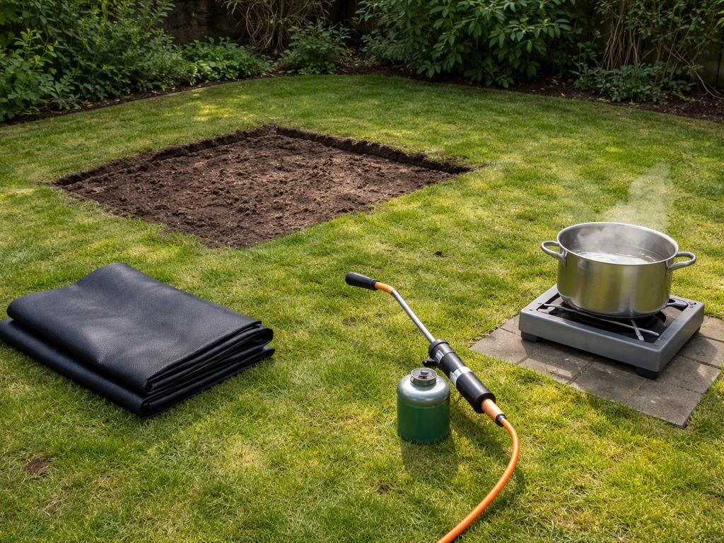 Jardinset met afgegraven gras, afdekfolie, onkruidbrander en pan met kokend water voor onkruidbestrijding.