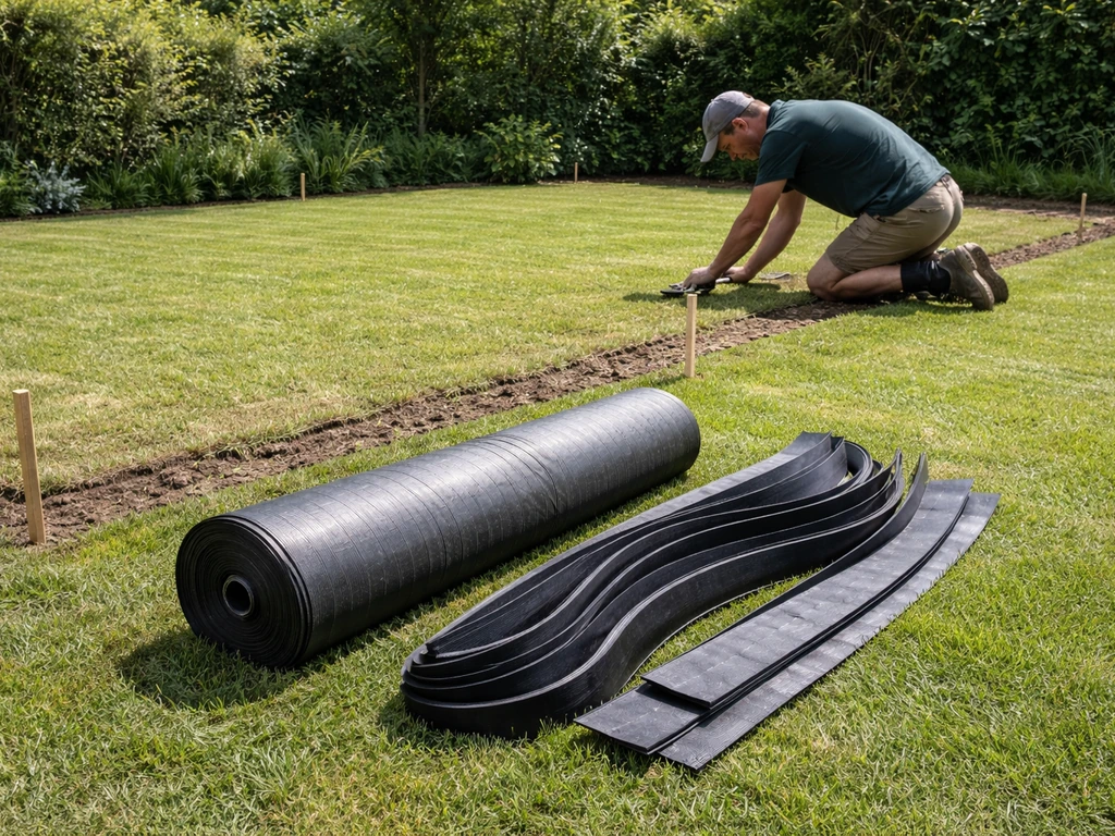 Korte gemaaid gazon met afdekmateriaal en randafbakening klaar naast anonieme persoon in de tuin.