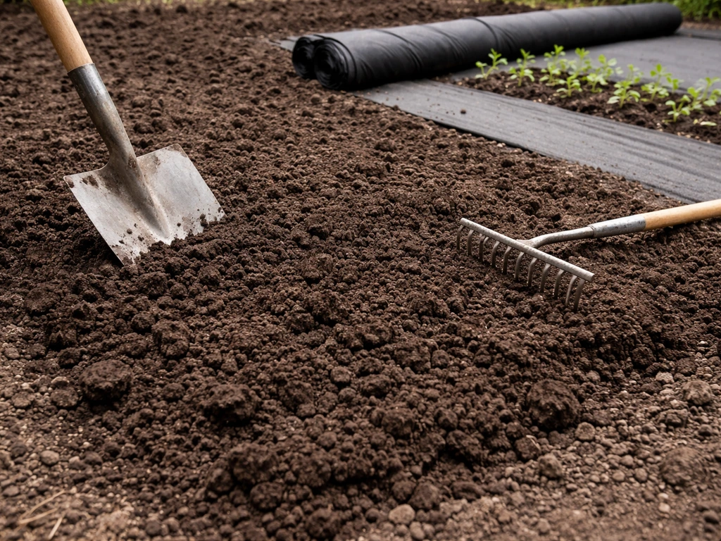 Losgewerkte tuinbodem tot 15-20 cm, direct afgedekt en ingeplant om grasgroei te voorkomen.