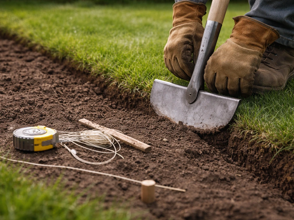 Close-up van handschoenen, tuinschop en meetlint bij het insnijden van een tuinrand