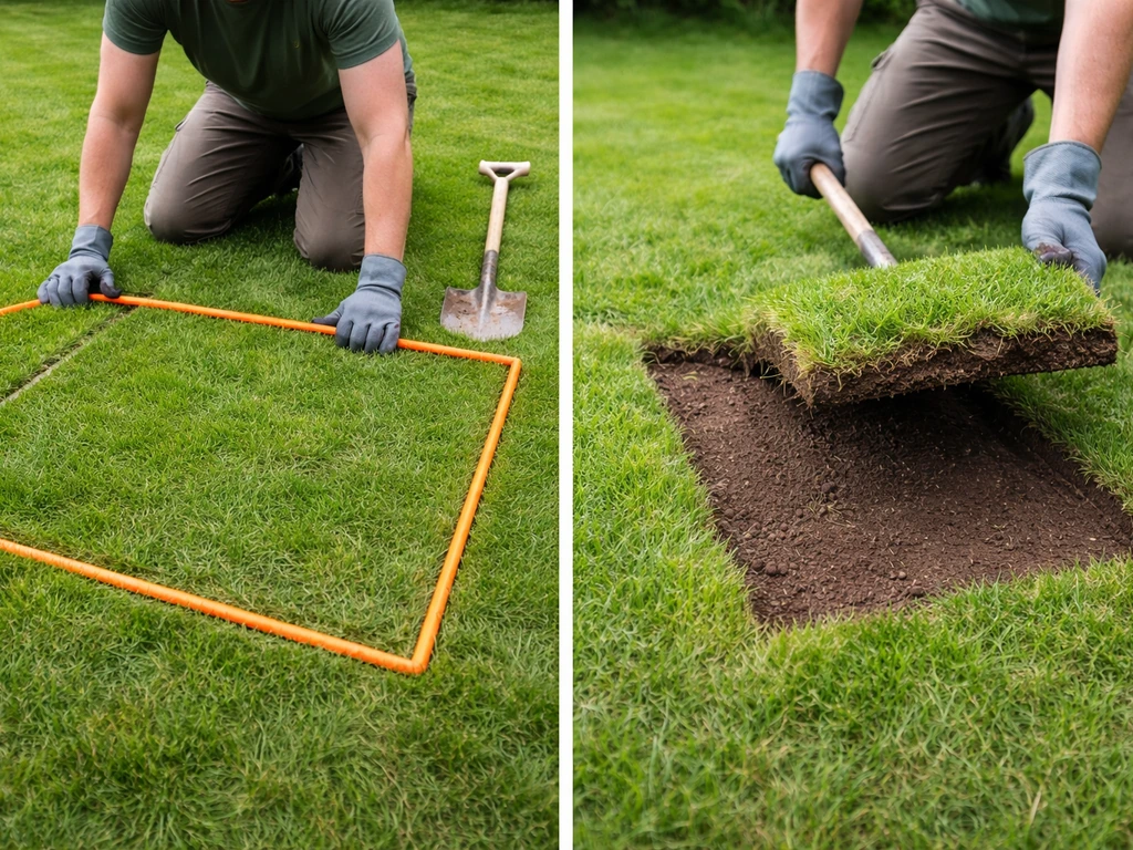Tuinier markeert een vlak met tuinslang en tilt daarna een afgesneden zodestrook op