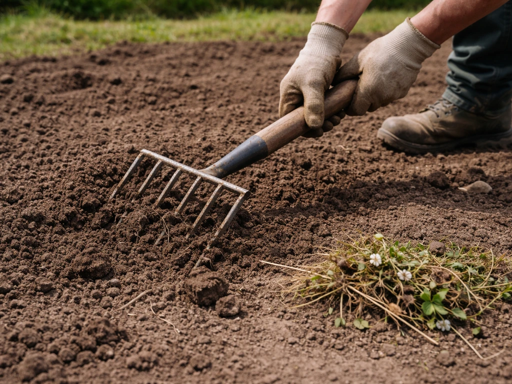Handen met vorkhark in open tuinperk; wortelresten losgemaakt en bodem wordt vlak getrokken.