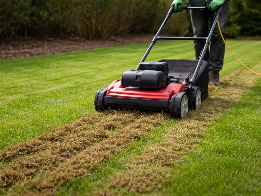 Verticuteermachine over een gazon met afgrijpsel, opengewerkte stroken gras in een rustige tuin