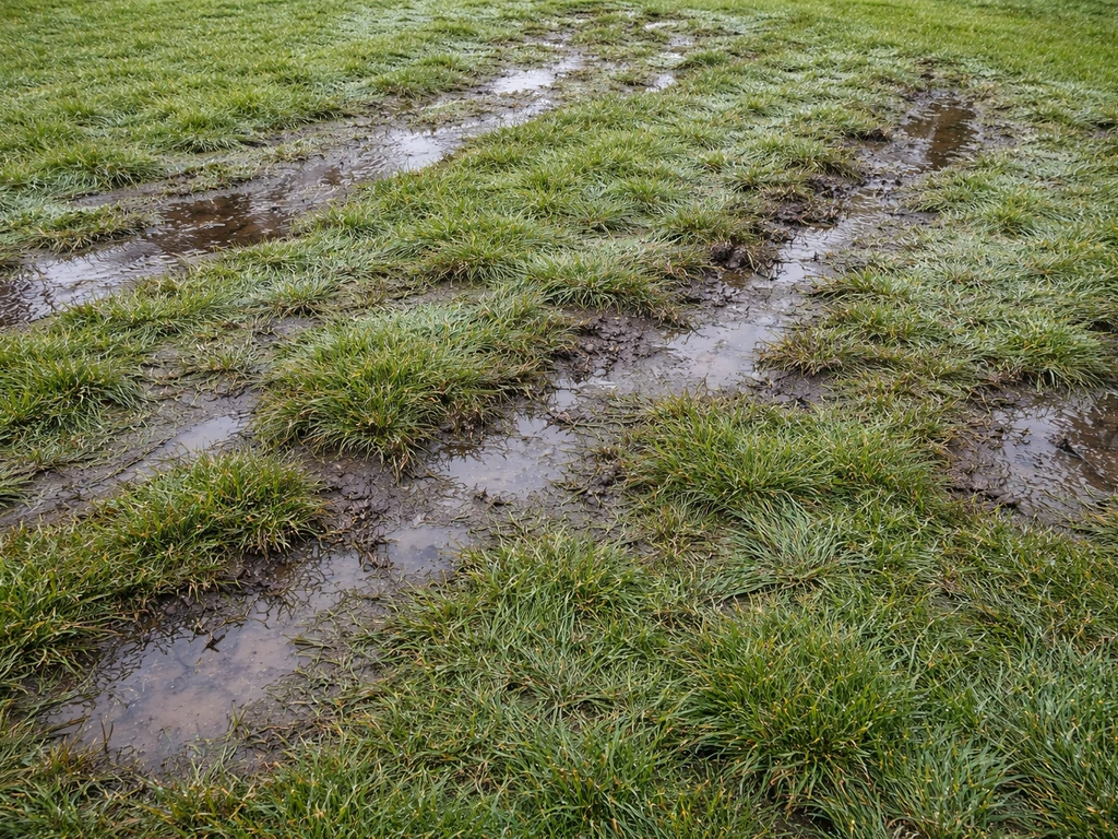 Bovenaanzicht van nat, platgedrukt gazon met plassen en viltige plekken na regen.