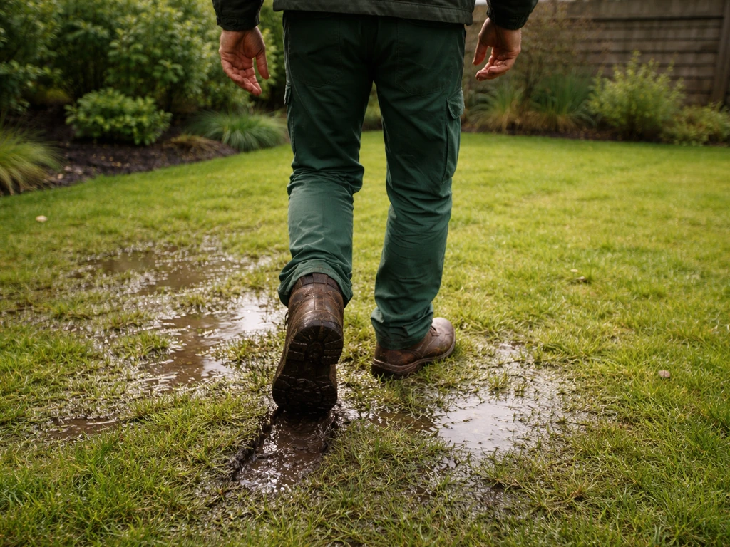 Anonieme tuinman die na regen voorzichtig door nat gazon loopt; zichtbare voetafdruk en plassen in de bodem.