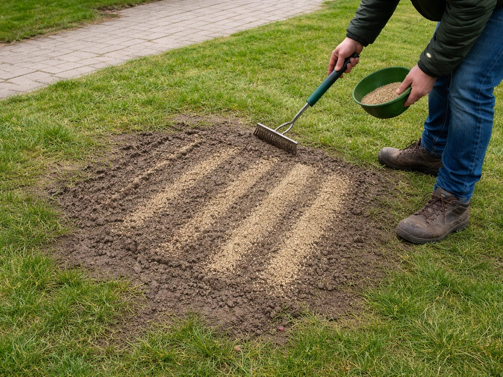 Tuin met kale, platgetrapte grasplekken; tuingereedschap en zaadstroken voor doorzaaien met dunne topdressing
