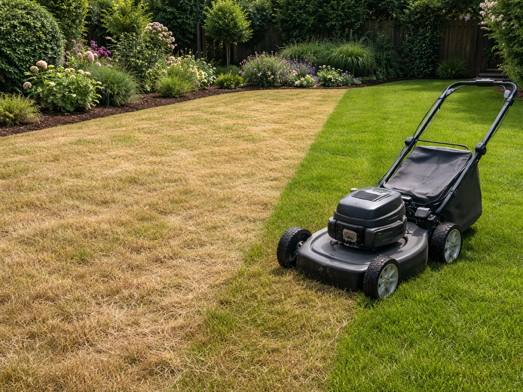 Dor en verdroogd gras in een Nederlandse tuin, terwijl een maaier het gazon bijwerkt voor herstel.