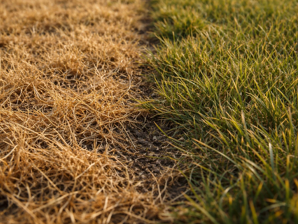 Close-up van gras: links geelbruin en loslatend, rechts verdord maar steviger, met zichtbare bodem.