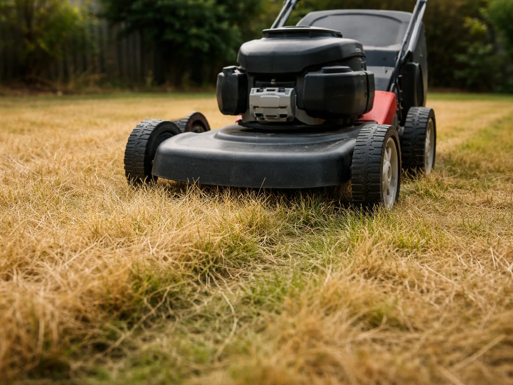 Tuinmaaier op hogere maaihoogte (5–6 cm) die dor gras maait, met zicht op de snijhoogte
