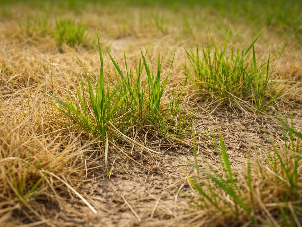 Gazon dat stro-geel is door droogtestress, maar nog groene sprieten laat herstel zien.
