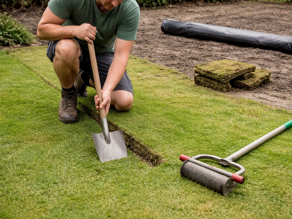 Tuinman met spade en sodencutter bij grasverwijdering, plus folie op de achtergrond op kale grond