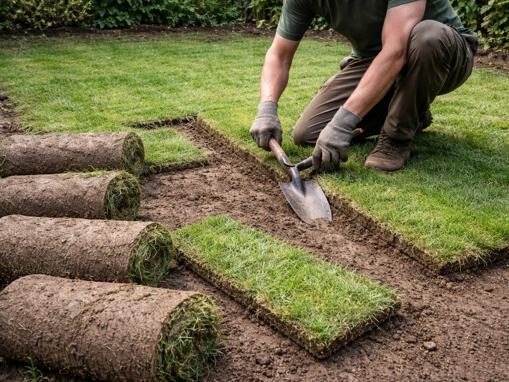 Tuinier steekt graszoden in repen met een scherpe spade en rolt ze op op een kleine gazonstrook.