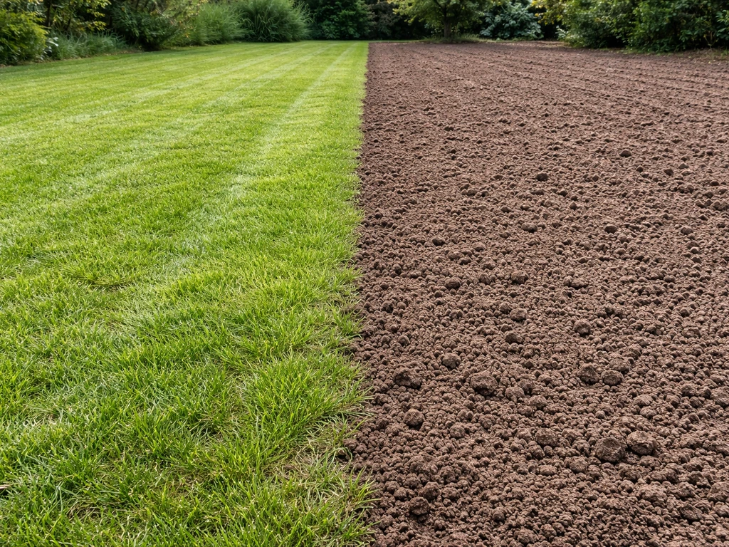 Kort gemaaid gras (2–3 cm) naast zichtbare, gecontroleerde grond in een rustige tuin.