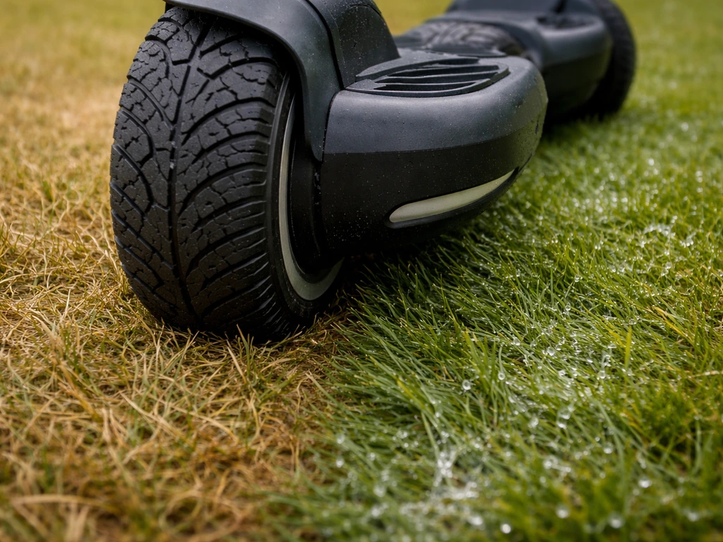 Close-up van hoverboardbanden op droog en nat gras, met minder grip op het natte deel.