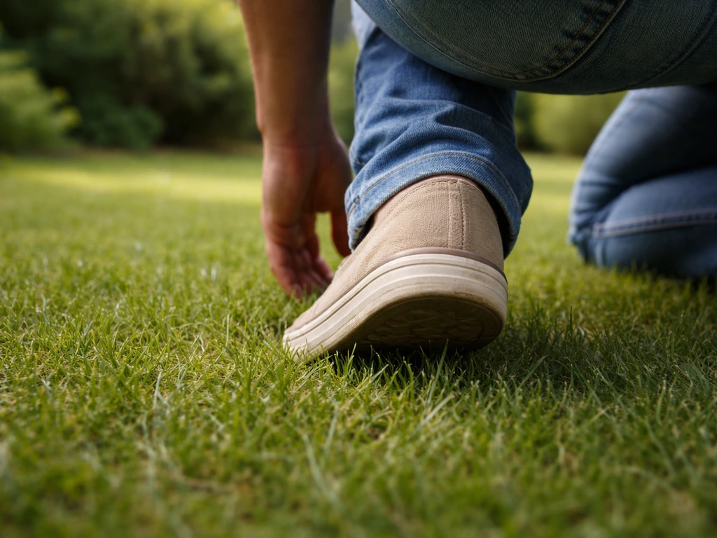 Anoniem persoon drukt met de hiel licht het gras in om te checken of de bodem klaar is om te rijden.