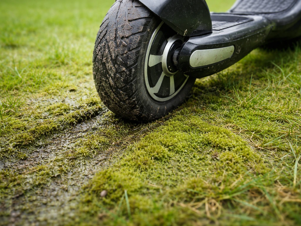 Hoverboardband op gazon met mos en een viltige laag, bijna geen grip in nat groen gras.