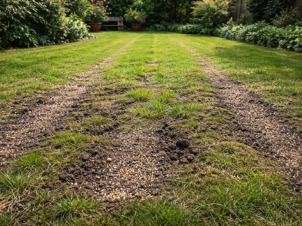 Nederlands gazon in herstel met kale plekken en verse groene spruiten na herinzaaien/doorzaaien