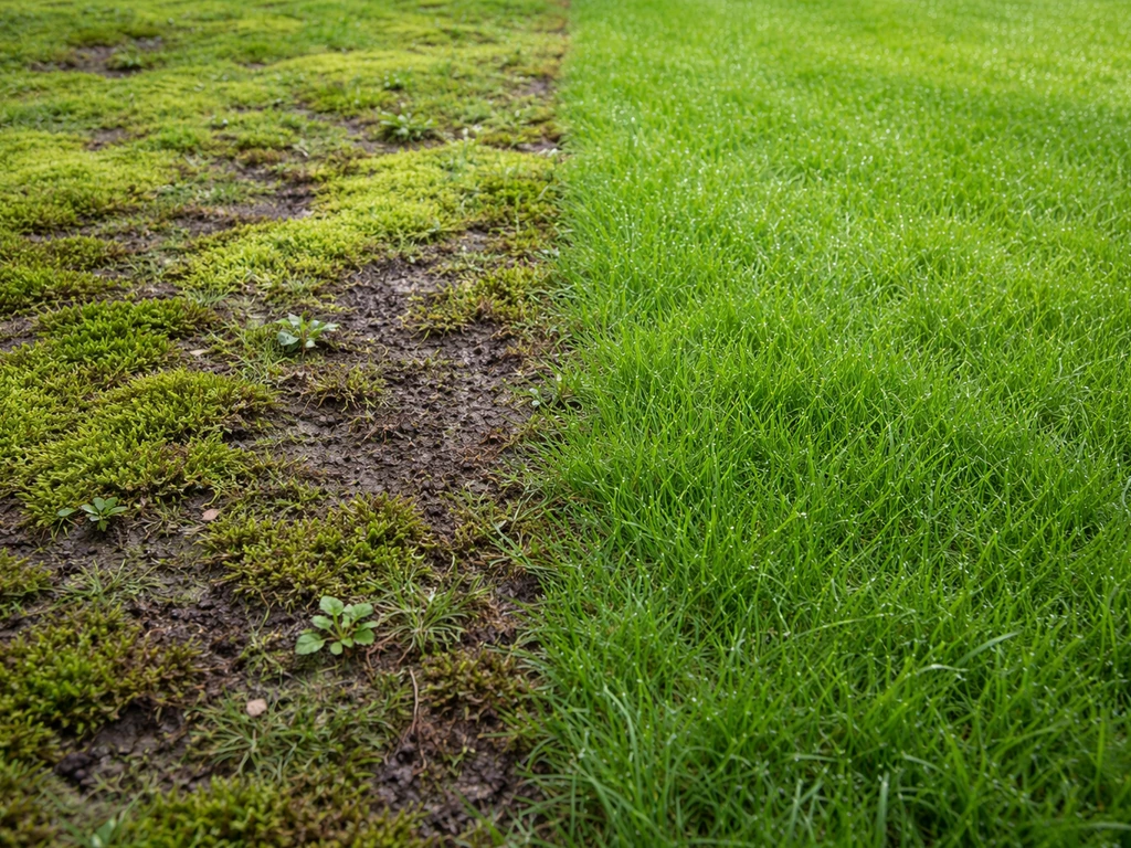 Twee duidelijk zichtbare gazonproblemen: mos en kale plekken naast gezond groen gras, close-up in de tuin.