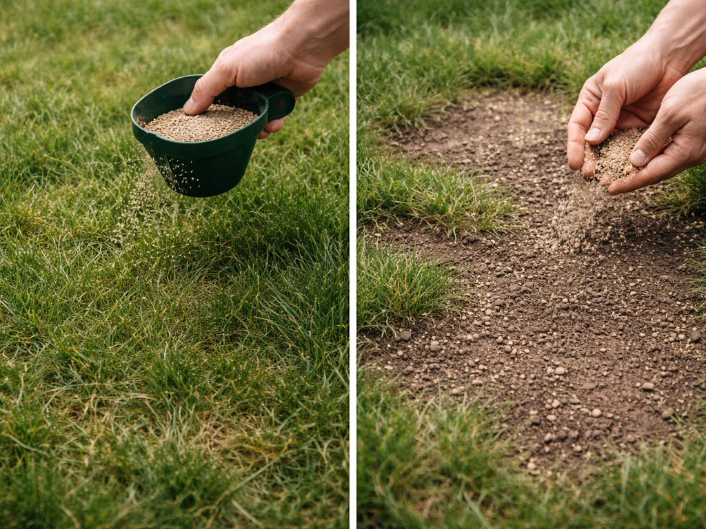 Links doorzaaien in bestaande grasmat, rechts herinzaaien op kale plekken in een tuin.