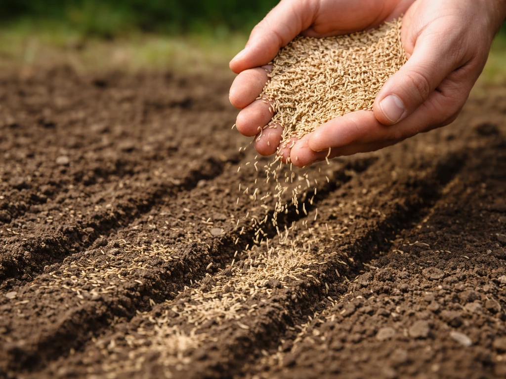 Handen met graszaad boven ingehaakte rulle grond, klaar om gelijkmatig in te zaaien