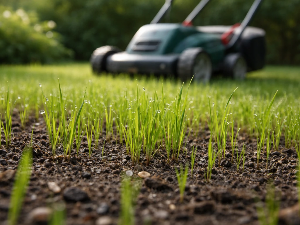 Jonge grasscheuten in een net beregende tuin met een eenvoudige maaier op de achtergrond
