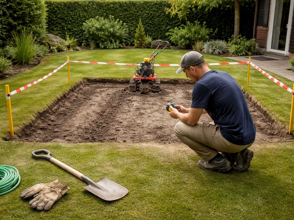 Tuinier met graafgereedschap bij afgebakende werkplek, klaar voor machinale graafwerkzaamheden en veiligheidscheck.