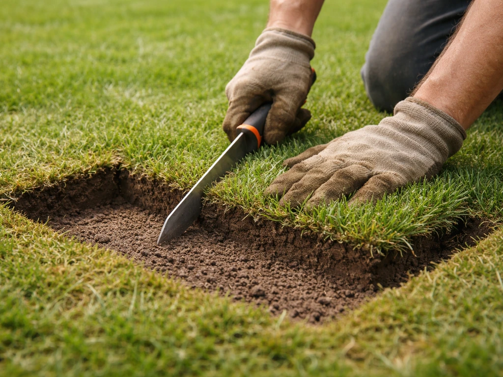 Close-up van het afbakenen en uitsnijden van een rechthoekige graszode met een steekmes op een kale plek.