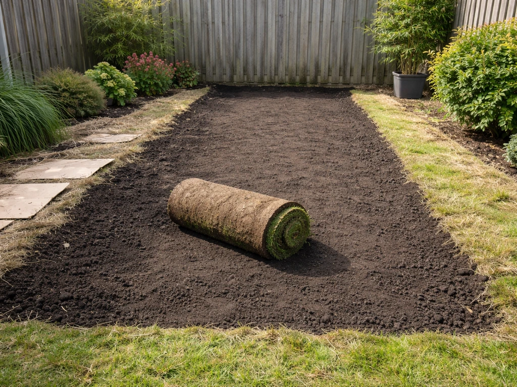 Nederlandse tuin waarin grasmat wordt verwijderd en de ondergrond klaar is voor een border of terras