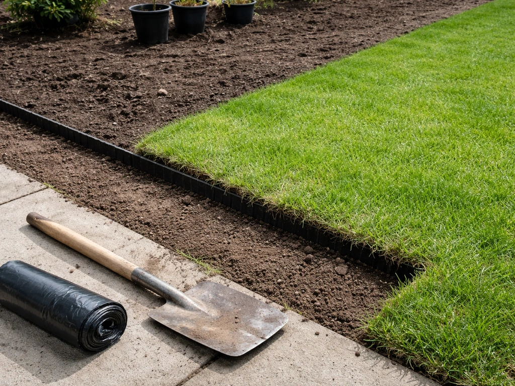 Tuin met afbreekbare grasrand en een border in aanleg, gras wordt doelbewust weggehaald bij een terras