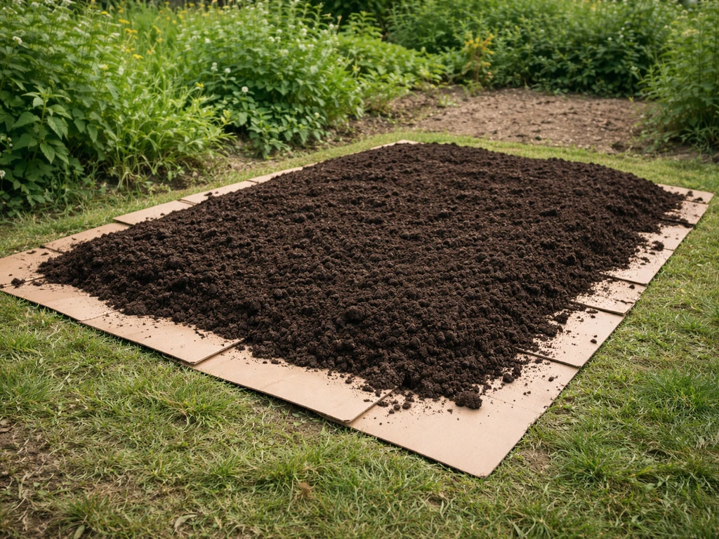 Tuinperceel met kort gemaaid gras, kartonstroken met overlappende naden en compost/mulch erboven.