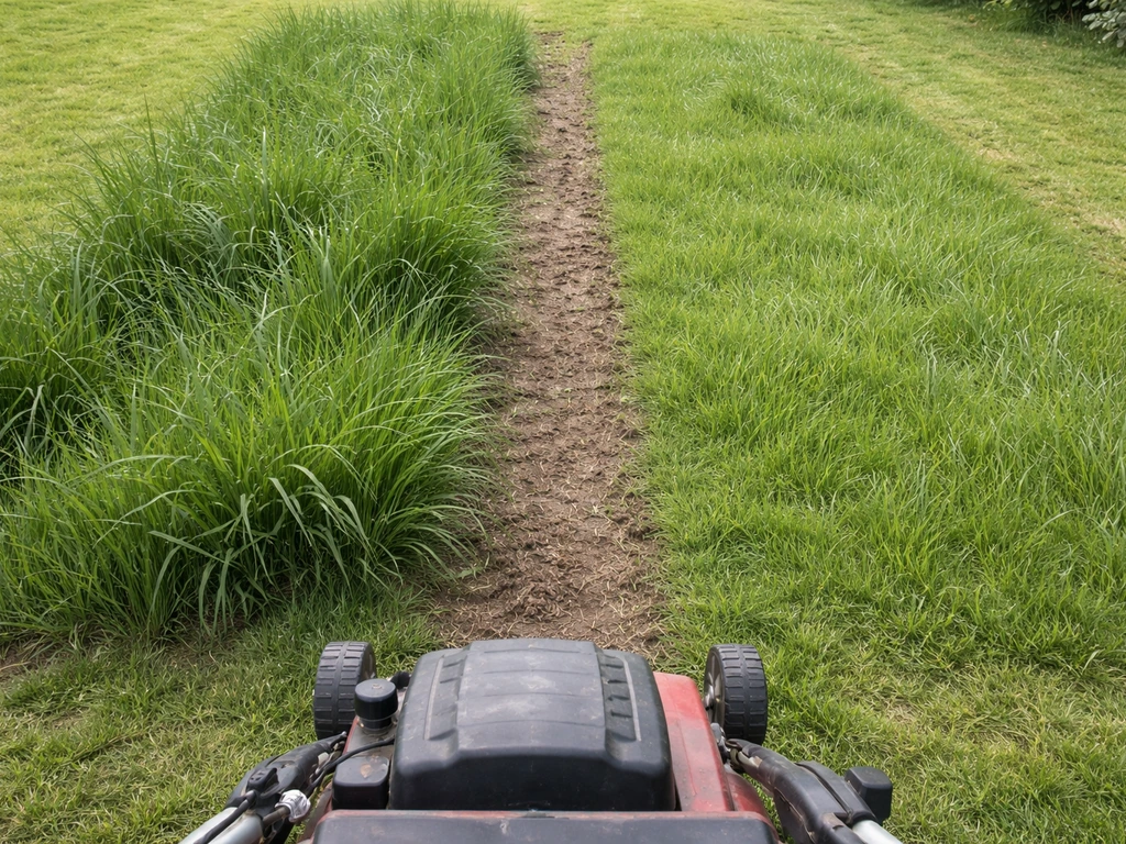 Links te hoog en dicht gras, rechts langer maar netter gras op één erfstrook, gescheiden door een rand.