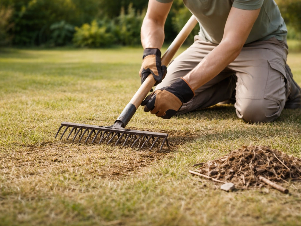 Iemand klepelt droog gras op een schoon, gecontroleerd stuk met verwijderd takjes en stenen zichtbaar.