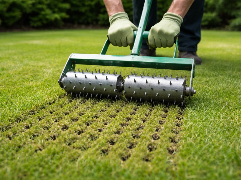 Iemand belucht na het klepelen met een prikroller; gaatjes in de grasmat zichtbaar in een rustige tuin.